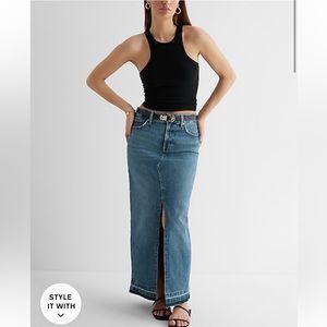 Express High Waisted Drop Hem Front Slit Maxi
Denim Skirt, Size 6. NWOT